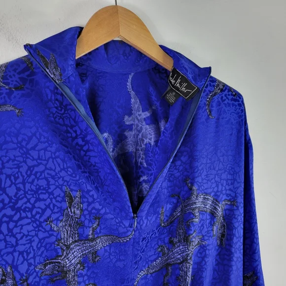 Vintage 90s Nicole Miller Silk Jacquard Alligator Crocodile Peplum Blouse - Picture 9 of 11